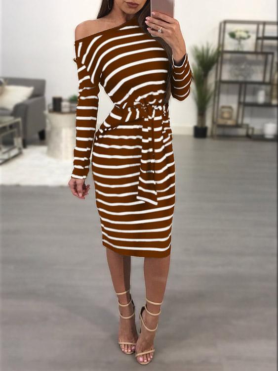 Asymmetrical One Shoulder Long Sleeve Stripe Midi Dress