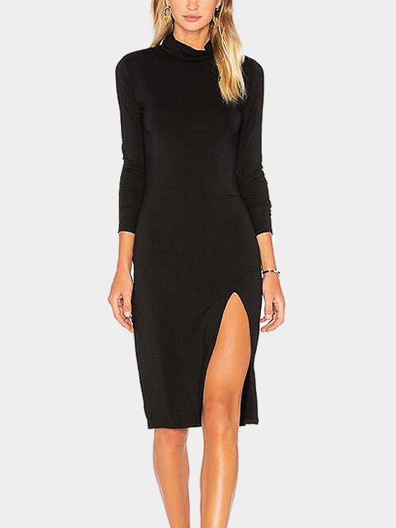 Black Round Neck 3/4 Length Sleeve Slit Hem Casual Dress