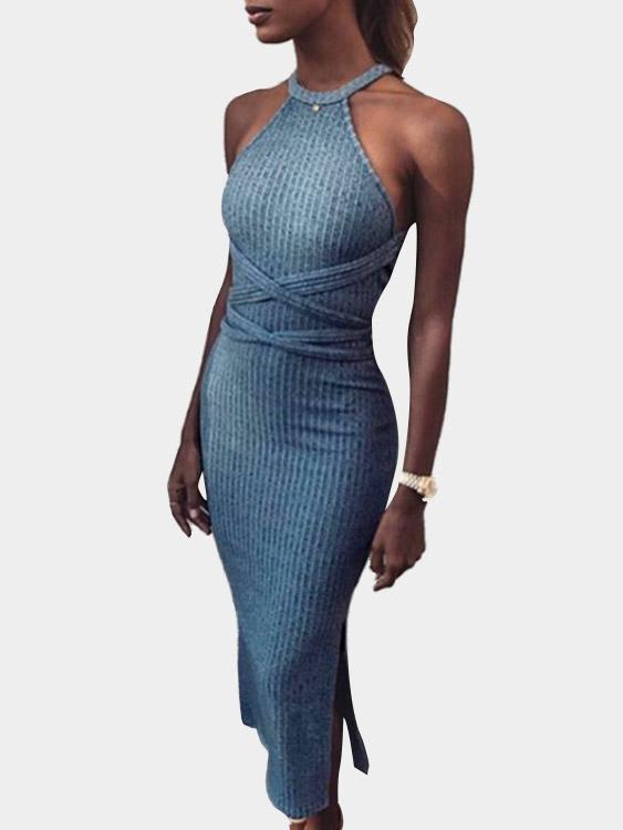 Blue Halter Sleeveless Midi Dresses