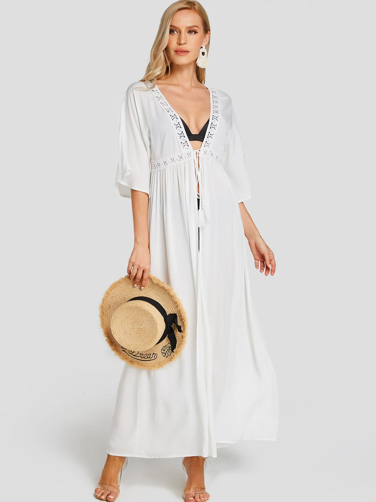 White Half Sleeve Slit Beach Cover Ups