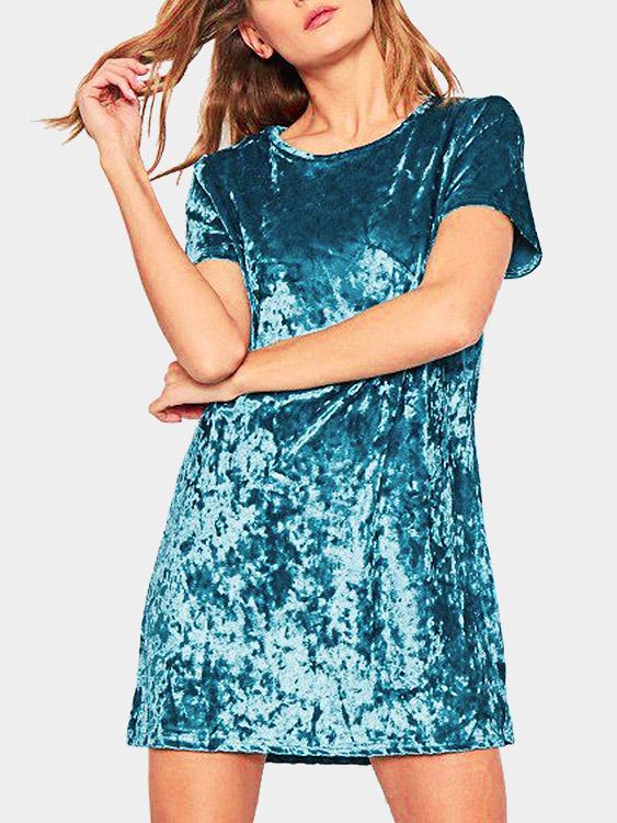 Round Neck Plain Short Sleeve Blue Mini Dress
