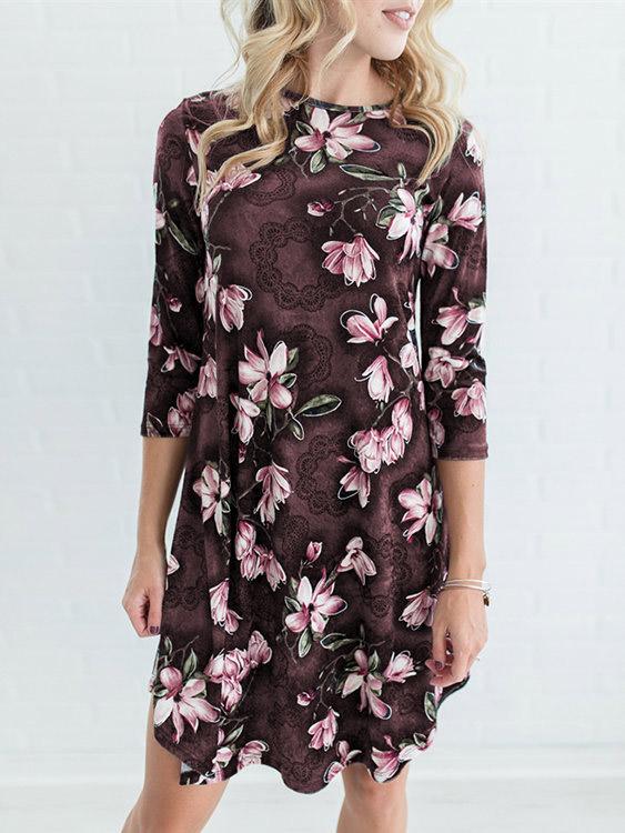 Round Neck Floral Print 3/4 Length Sleeve Curved Hem Coffee Dresses