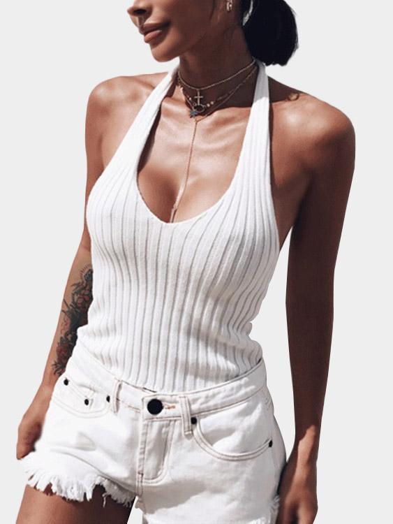 Halter Deep V Neck Sleeveless White Camis