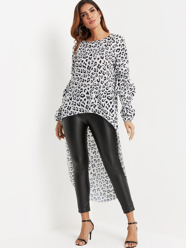 Round Neck Leopard Long Sleeve High-Low Hem Top