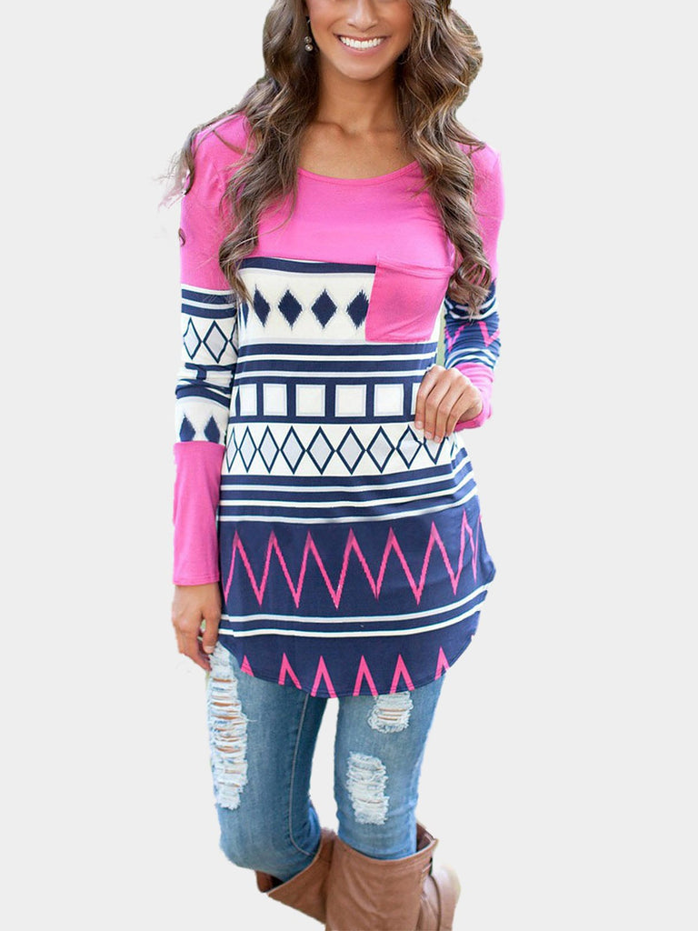Round Neck Stripe Geometrical Long Sleeve Curved Hem Top