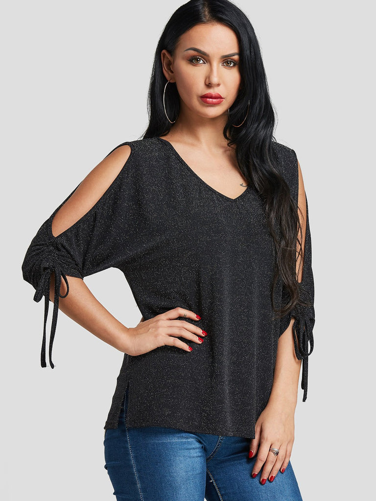 V-Neck Cut Out 3/4 Sleeve Black T-Shirts
