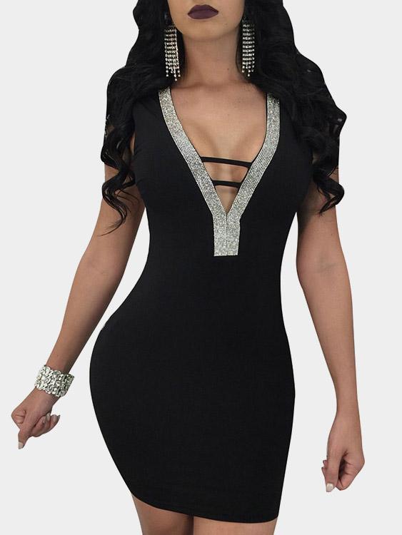 V-Neck Backless Sleeveless Black Sexy Dresses