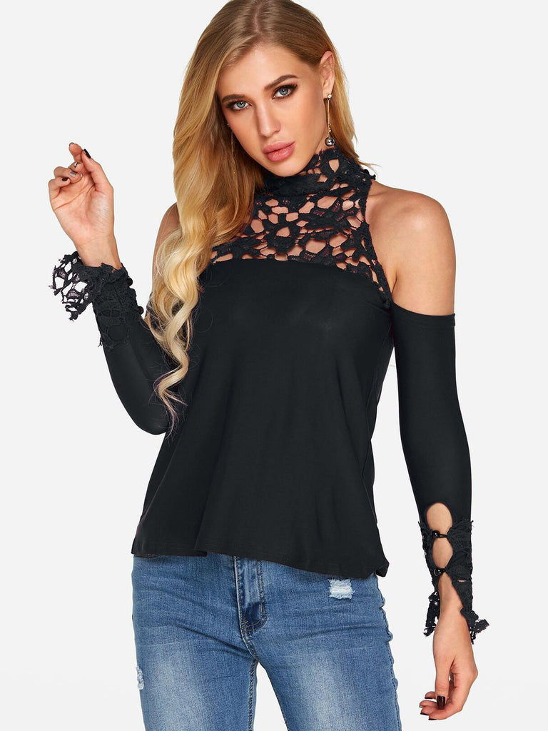 Crew Neck Plain Lace Hollow Long Sleeve T-Shirts