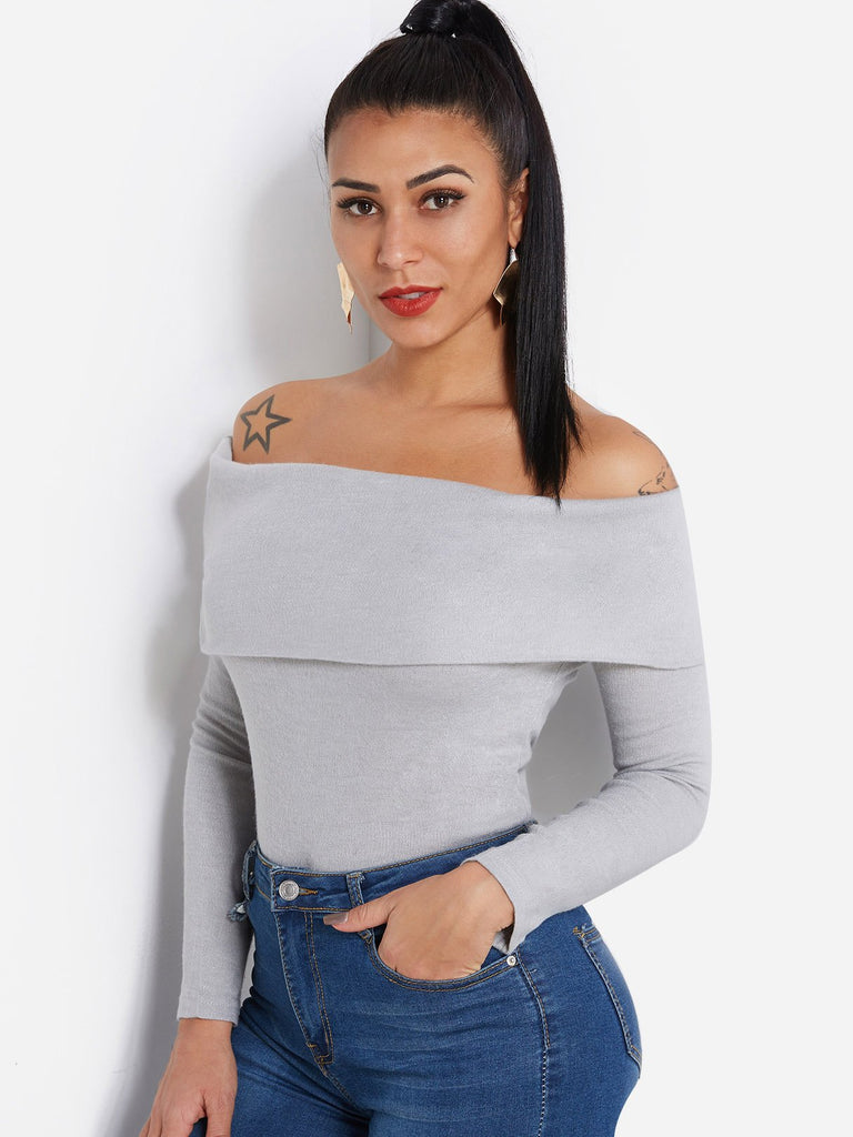 Off The Shoulder Tiered Long Sleeve Grey Top