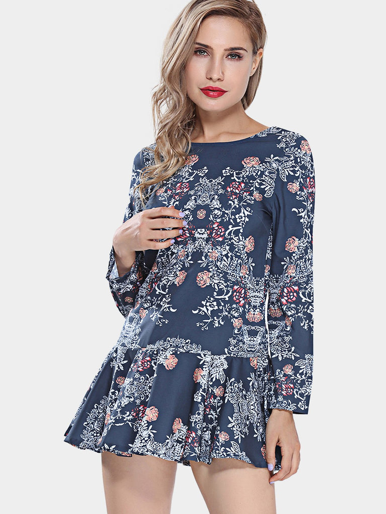 Black Crew Neck Long Sleeve Floral Print Cut Out Flounced Hem Dresses