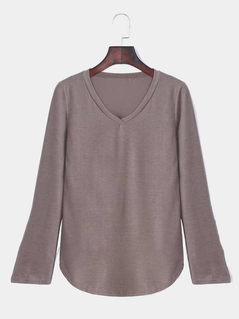 V-Neck Long Sleeve Curved Hem Khaki Top