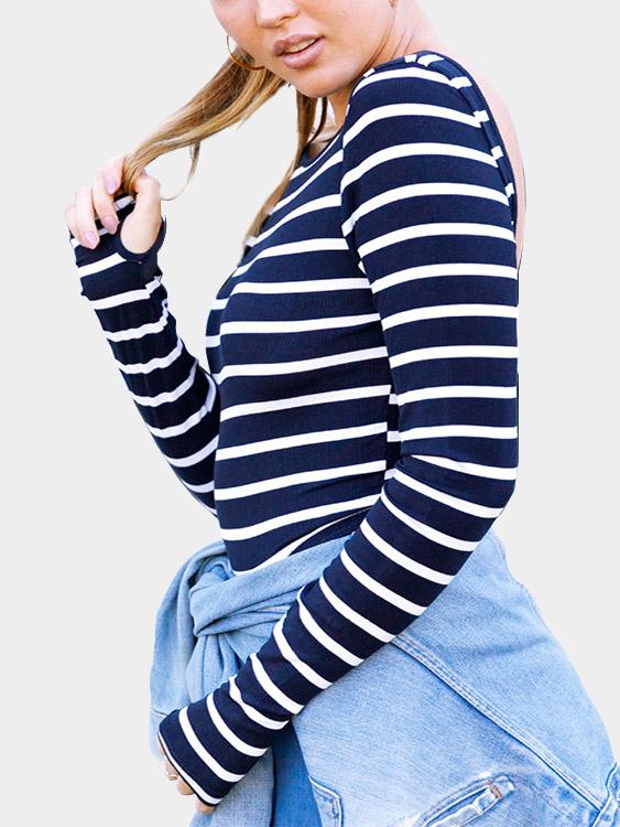 Round Neck Stripe Backless Long Sleeve Navy T-Shirts