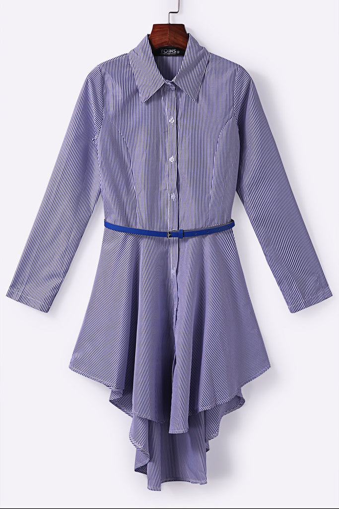 Dark Blue Lapel Collar Long Sleeve Stripe Shirt Dresses