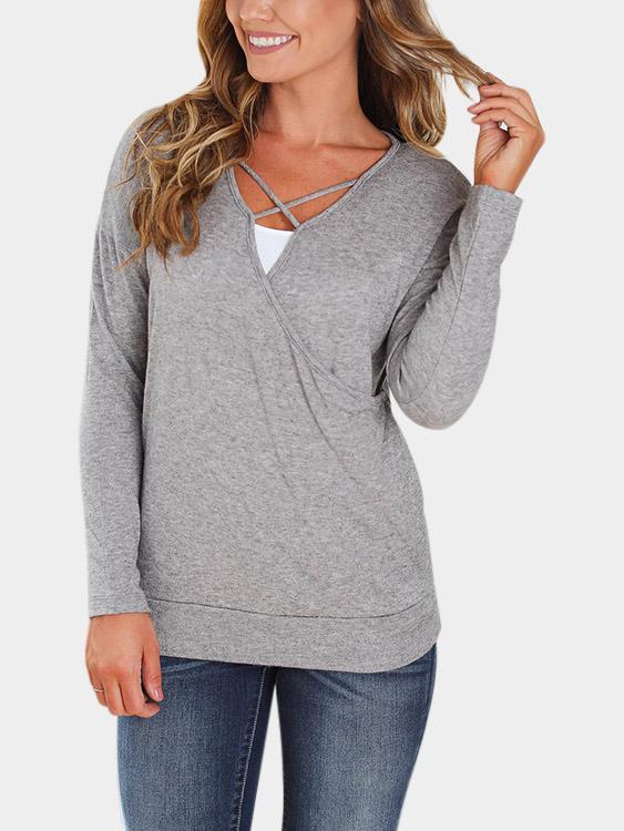 V-Neck Plain Crossed Front Lace-Up Long Sleeve Grey T-Shirts