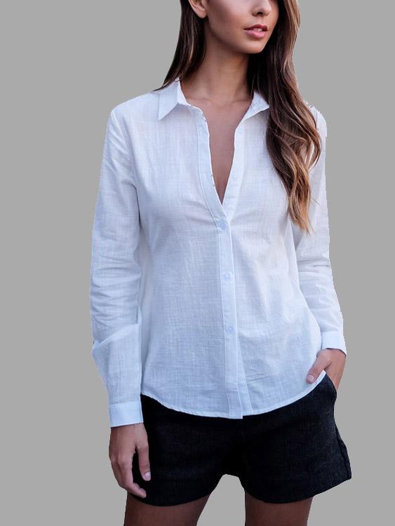 Plain Long Sleeve Irregular Hem White Blouses