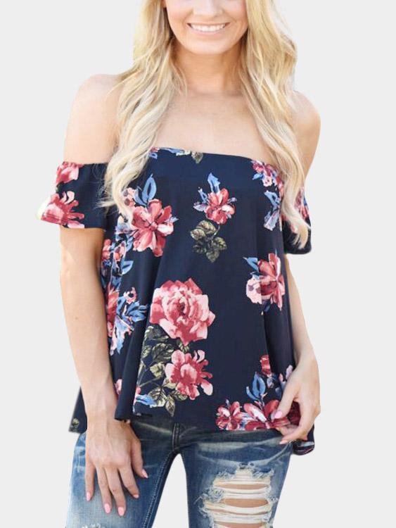 Off The Shoulder Floral Print Asymmetrical Hem Navy T-Shirts
