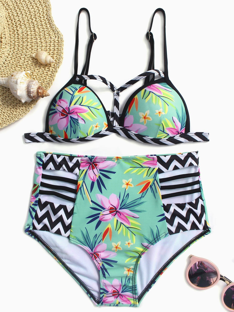 V-Neck Sleeveless High Waist Two Piece Bikinis