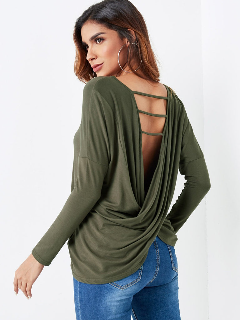 Round Neck Crossed Collar Plain Backless Criss-Cross Twist Long Sleeve Irregular Hem Army Green Top