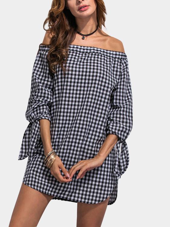 Off The Shoulder Half Sleeve Grid Mini Dress