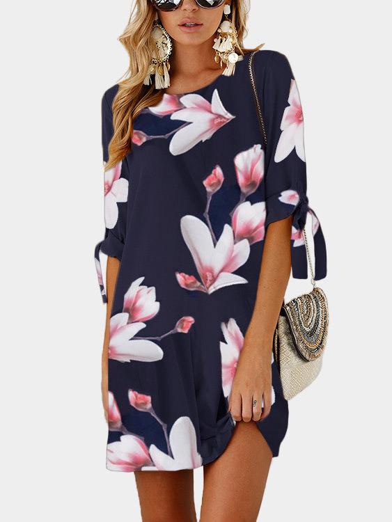 Navy Round Neck Half Sleeve Floral Print Self-Tie Mini Dress