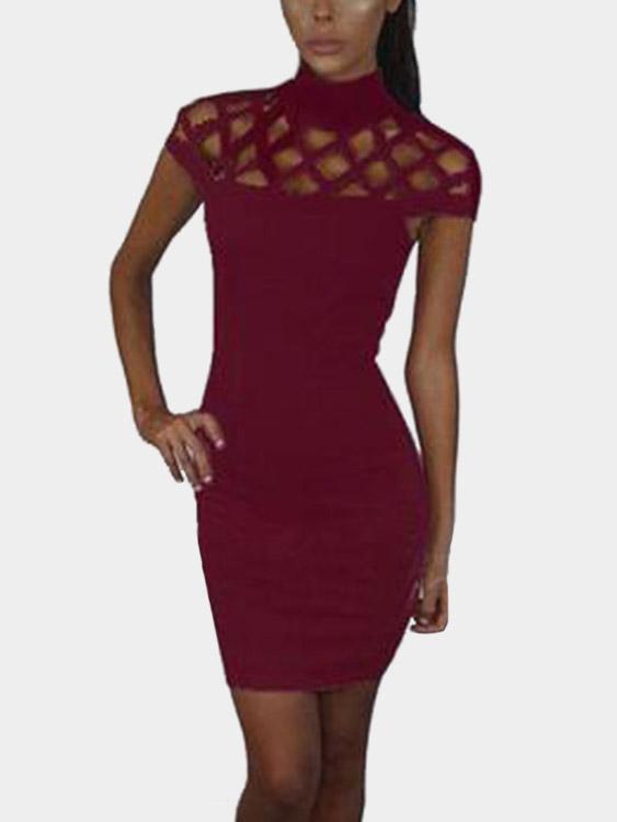 Round Neck Plain Sleeveless Bodycon Hem Burgundy Casual Dresses