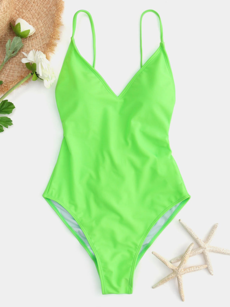 Fluorescent Green Plain Criss-Cross One-Pieces Swimwear