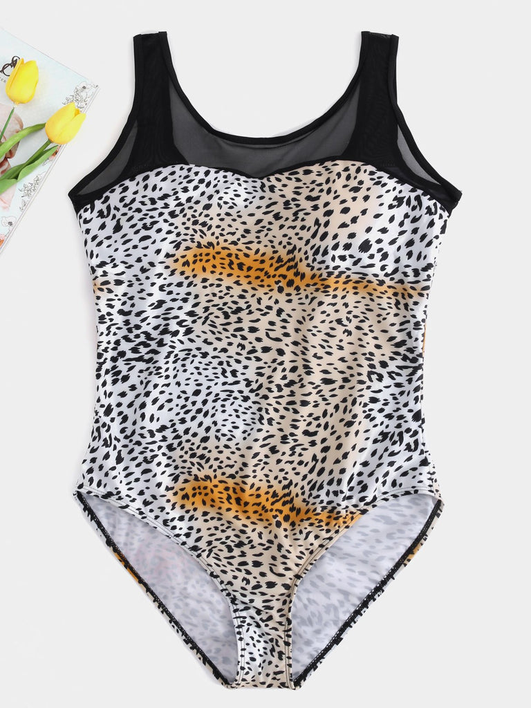 Round Neck Leopard Sleeveless Plus Size Swimwear