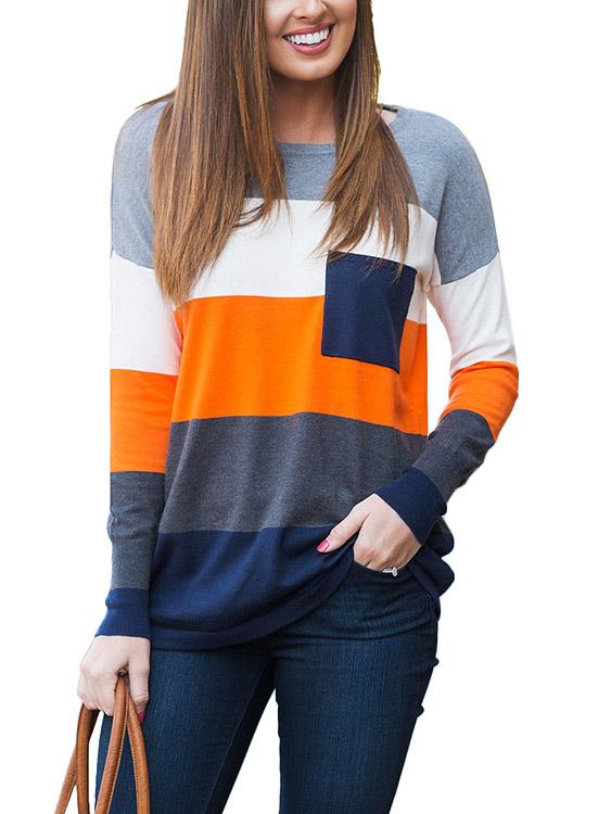 Round Neck Stripe Side Pockets Long Sleeve T-Shirts