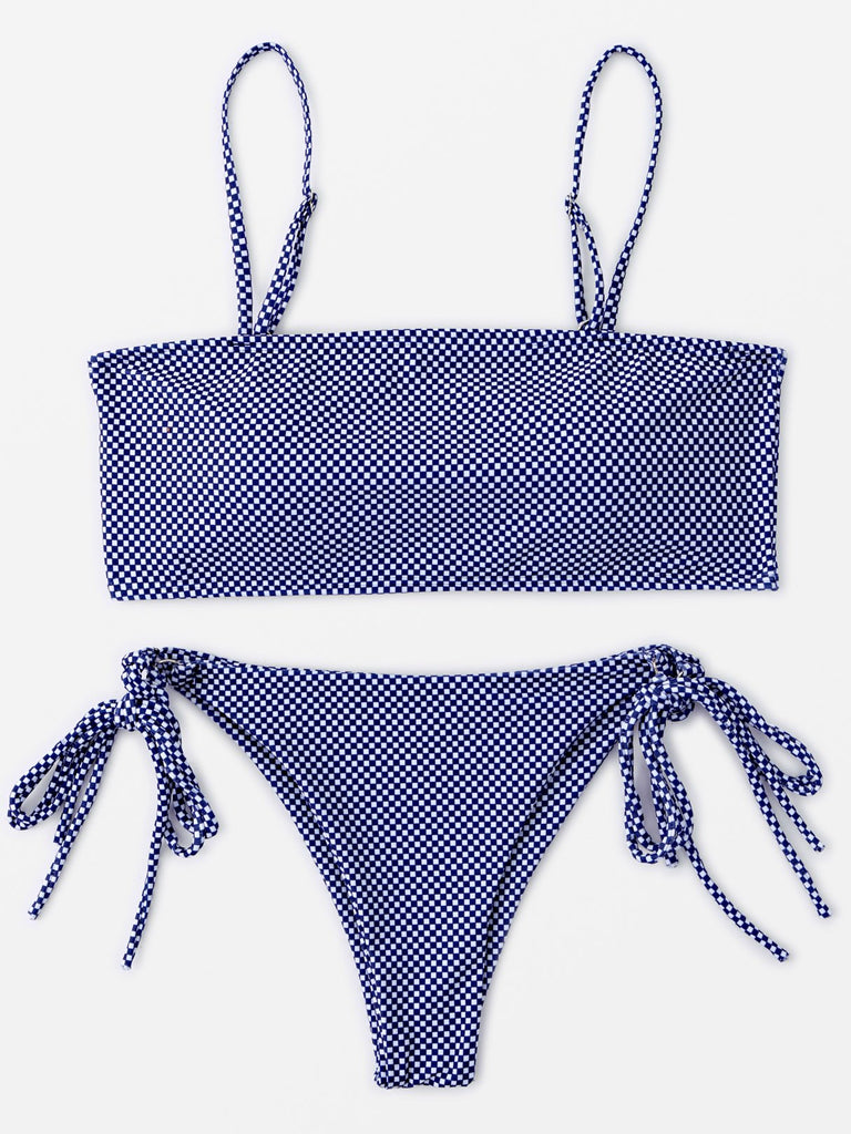 Stripe Self-Tie Sleeveless Blue Bikini Set