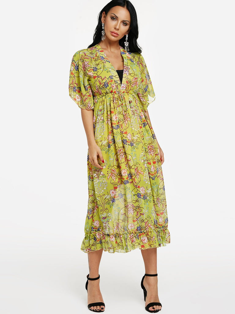 Yellow Floral Print Lace-Up Ruffle Hem Maxi Dress