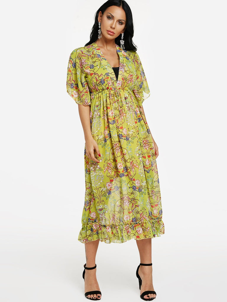 Yellow Floral Print Lace-Up Ruffle Hem Maxi Dress