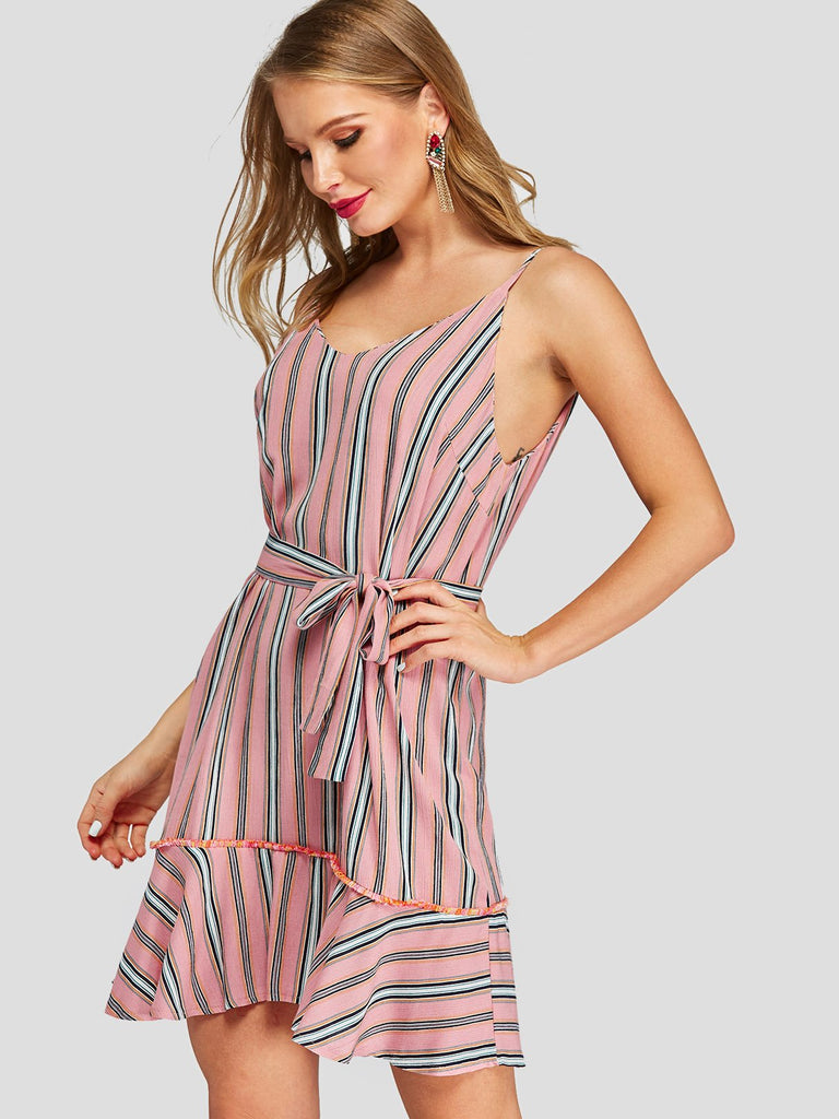 V-Neck Stripe Belt Self-Tie Sleeveless Flounced Hem Mini Dress