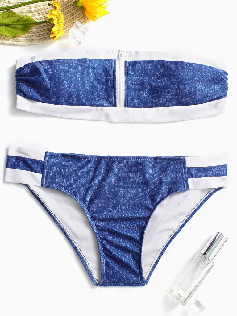 Blue Strapless Sleeveless Stripe Zip Back Bikinis Set