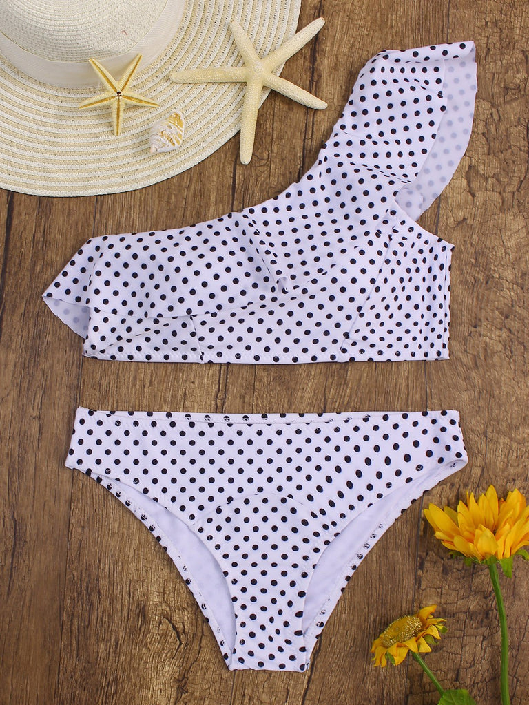One Shoulder Wave Polka Dot Sleeveless Flounced Hem 2 Piece Bikinis
