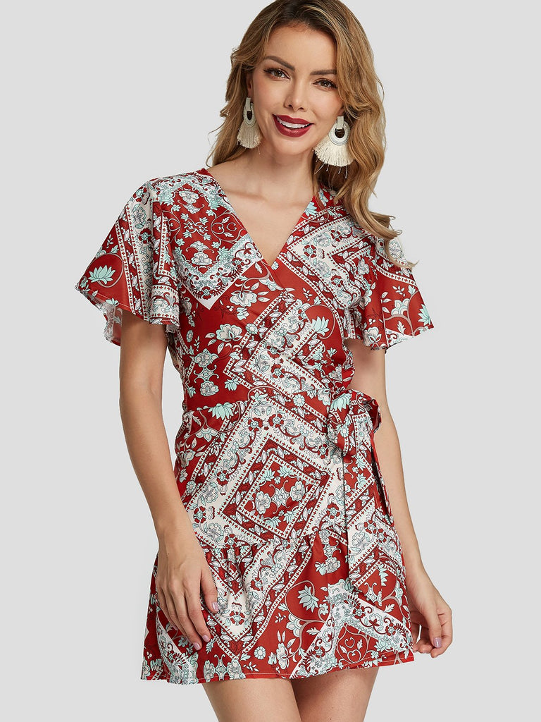 V-Neck Short Sleeve Printed Crossed Front Pleated Belt Self-Tie Ruffle Hem Casual Dress