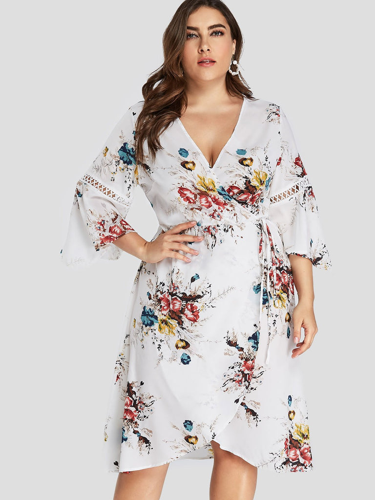 V-Neck Floral Print Self-Tie Wrap 3/4 Sleeve Curved Hem Plus Size Midi Dress