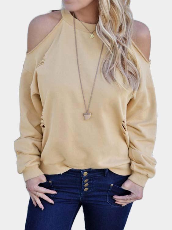 Crew Neck Cold Shoulder Cut Out Long Sleeve Khaki T-Shirts