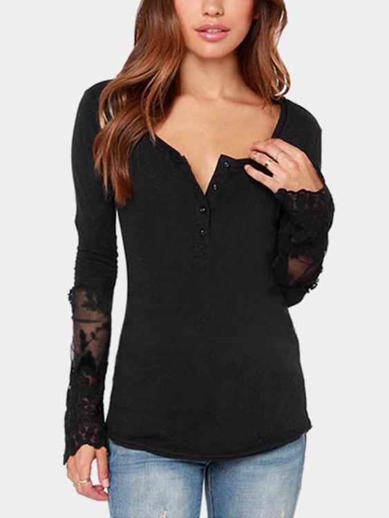 Round Neck Lace Long Sleeve Black Top