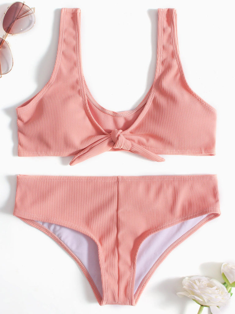 Pink Scoop Neck Sleeveless Plain Lace-Up Stitching Hem Two Piece Bikinis