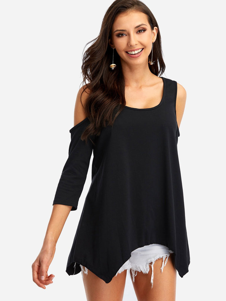 Crew Neck Cold Shoulder Half Sleeve Irregular Hem Black T-Shirts