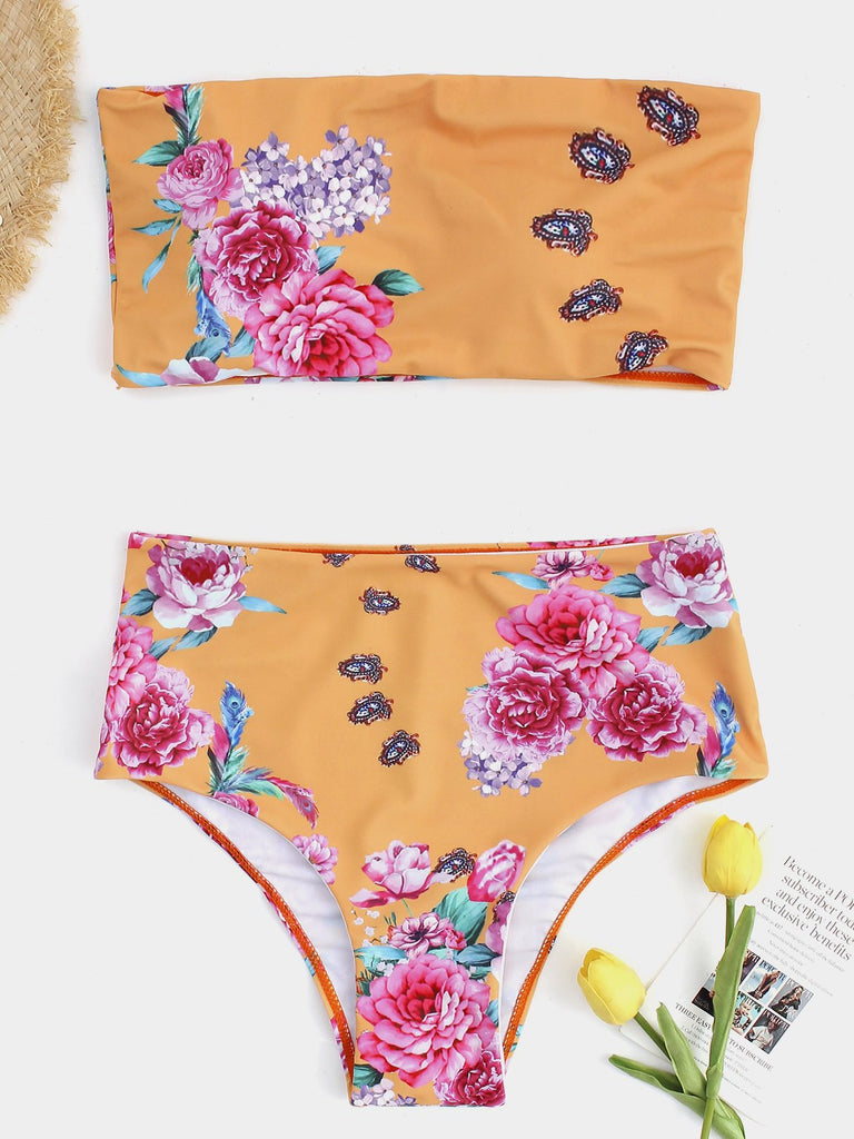 Yellow Off The Shoulder Sleeveless Floral Print Bikini Set Swimwear