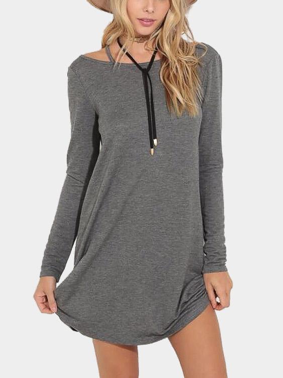 Round Neck Long Sleeve Grey Casual Dresses