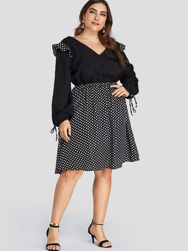 V-Neck Polka Dot Self-Tie Ruffle Trim Long Sleeve Flounced Hem Black Plus Size Dress