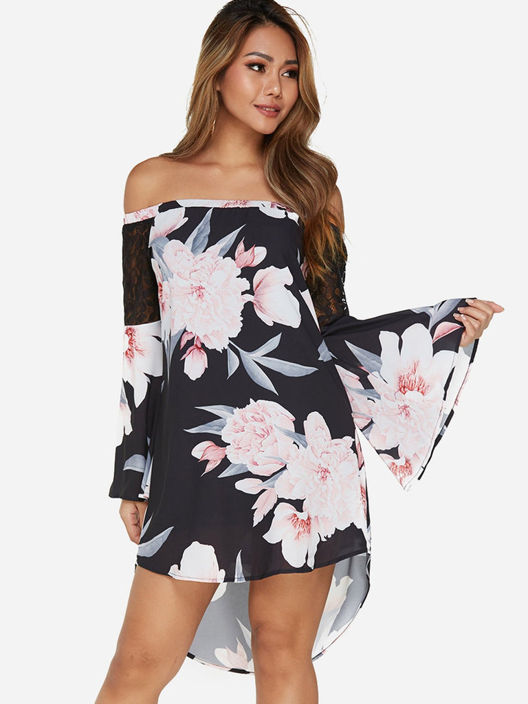 Black Off The Shoulder Long Sleeve Floral Print Lace Curved Hem Mini Dresses