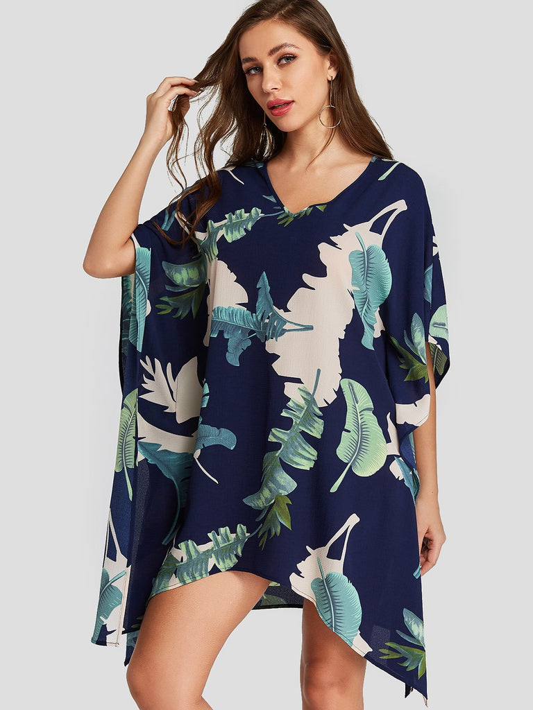 Navy V-Neck Half Sleeve Floral Print Irregular Hem Mini Dresses