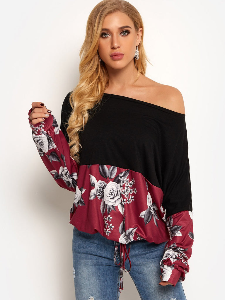 One Shoulder Floral Print Long Sleeve T-Shirts