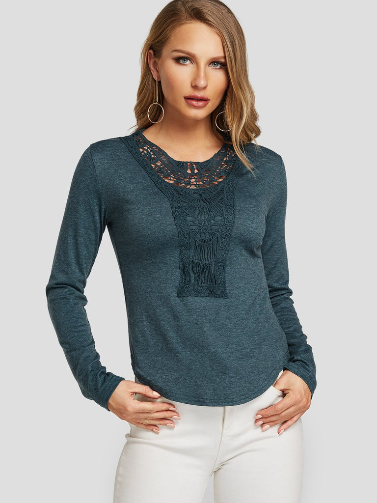 Round Neck Crochet Lace Embellished Long Sleeve Green Top