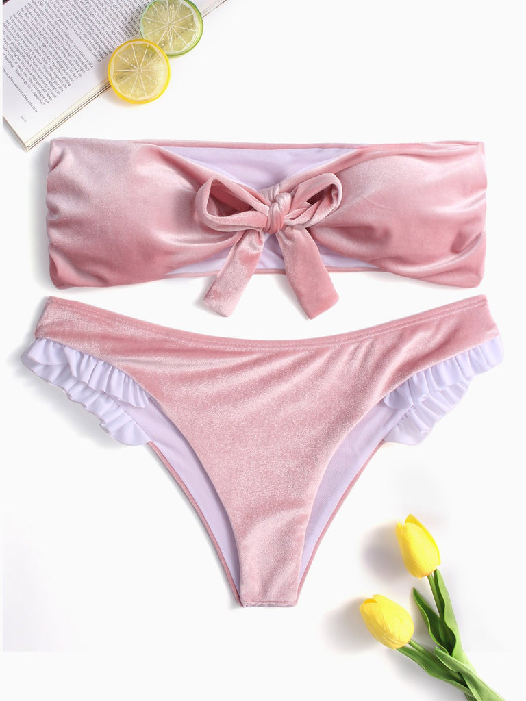 Pink Strapless Off The Shoulder Sleeveless Plain Tie-Up Ruffle Trim Ruffle Hem Bikini Set Swimwear