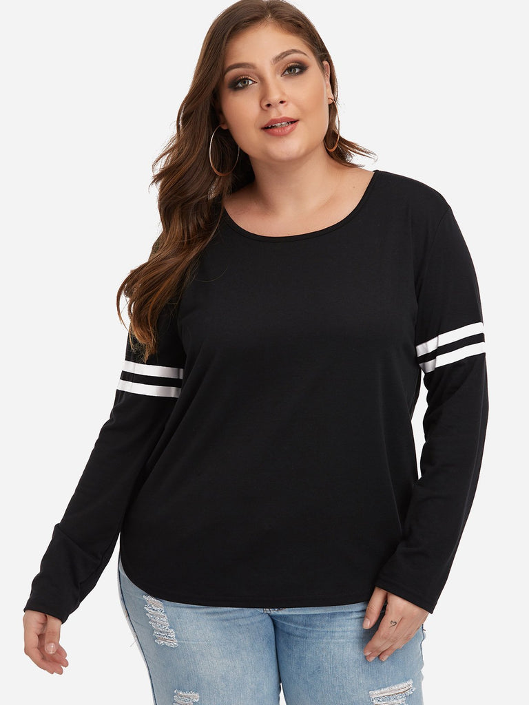 Round Neck Plain Long Sleeve Curved Hem Black Plus Size Tops