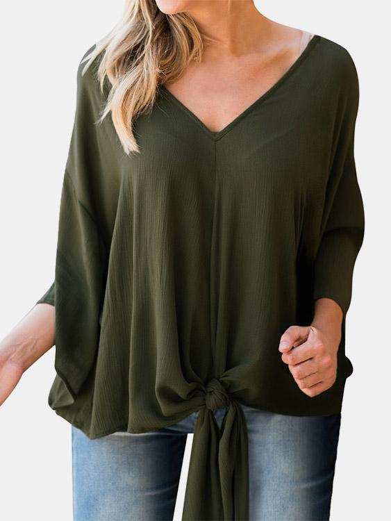 V-Neck Plain Self-Tie Long Sleeve Blouses